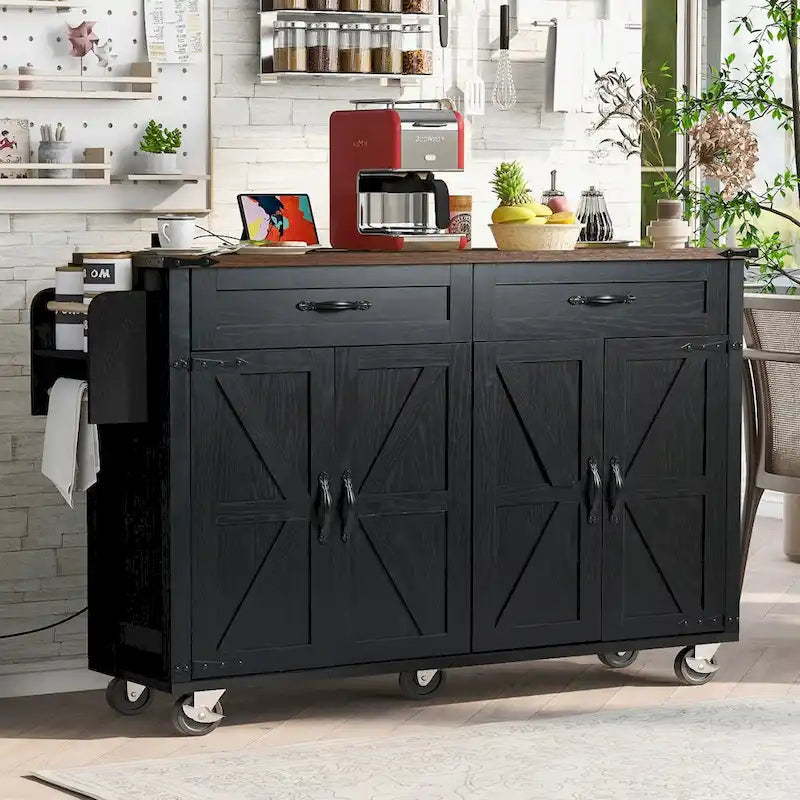 53.5" Kitchen Island with Power Outlet, Drop Leaf, Spice Rack and Drawer