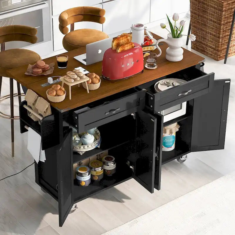 53.5" Kitchen Island with Power Outlet, Drop Leaf, Spice Rack and Drawer