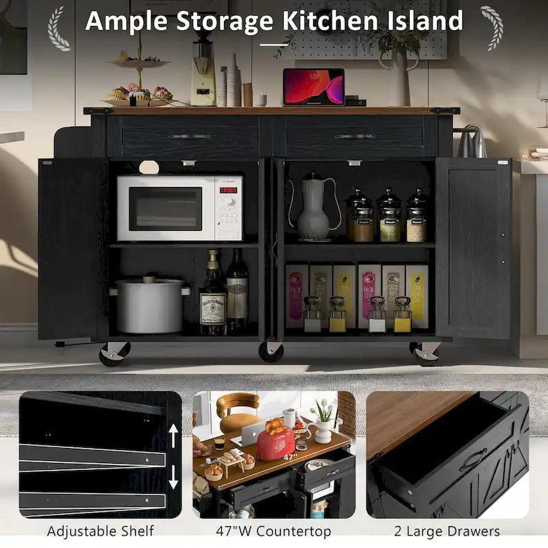 53.5" Kitchen Island with Power Outlet, Drop Leaf, Spice Rack and Drawer