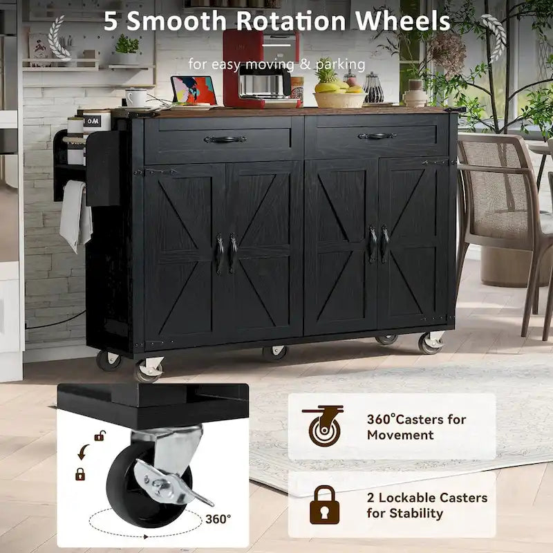 53.5" Kitchen Island with Power Outlet, Drop Leaf, Spice Rack and Drawer