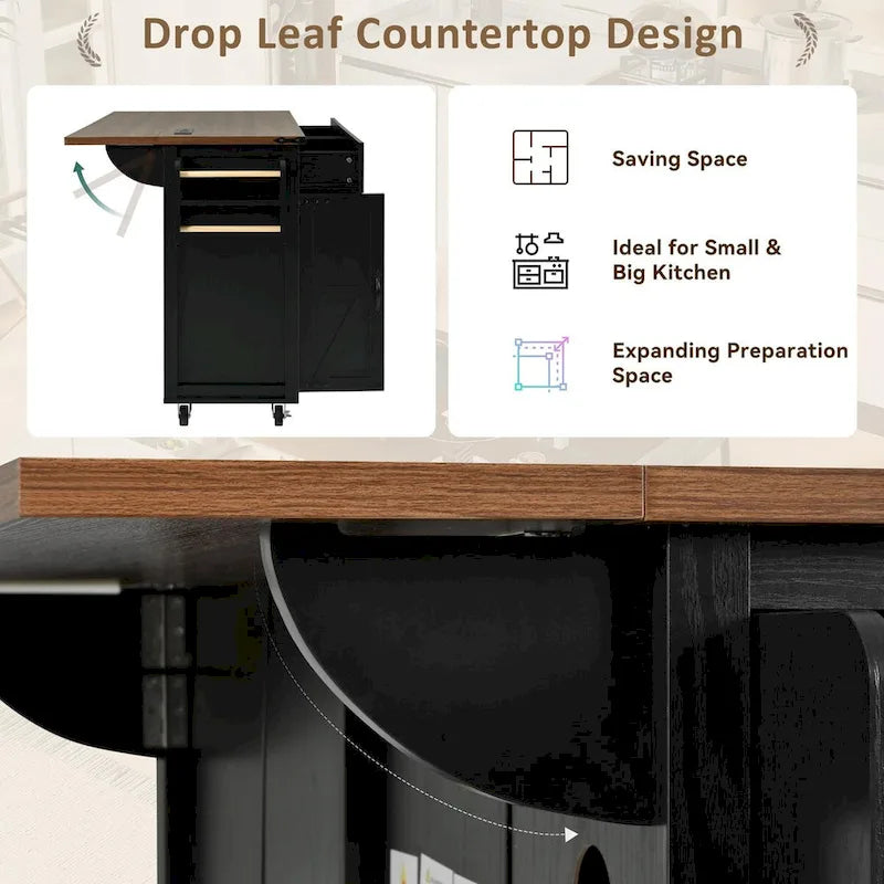 53.5" Kitchen Island with Power Outlet, Drop Leaf, Spice Rack and Drawer