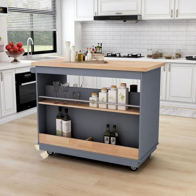 Rolling Kitchen Island with Storage, Two-Sided Cart on Wheels with Wood Top