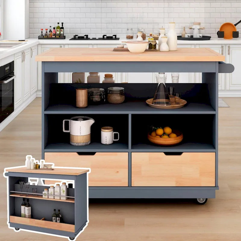 Rolling Kitchen Island with Storage, Two-Sided Cart on Wheels with Wood Top