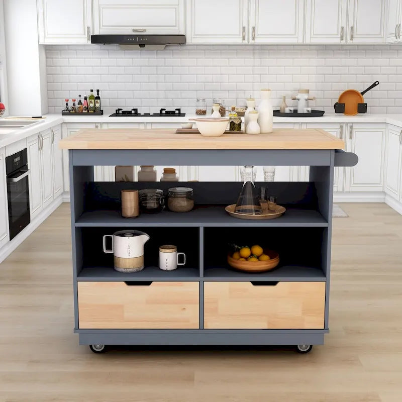 Rolling Kitchen Island with Storage, Two-Sided Cart on Wheels with Wood Top