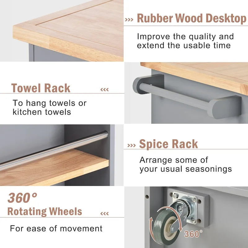 Rolling Kitchen Island with Storage, Two-Sided Cart on Wheels with Wood Top