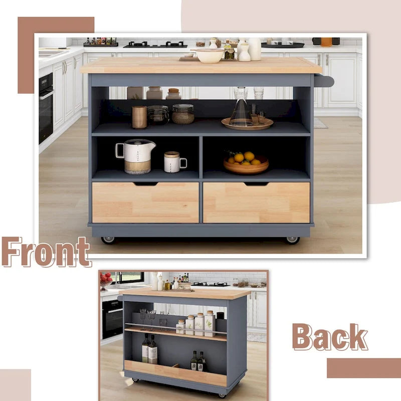 Rolling Kitchen Island with Storage, Two-Sided Cart on Wheels with Wood Top