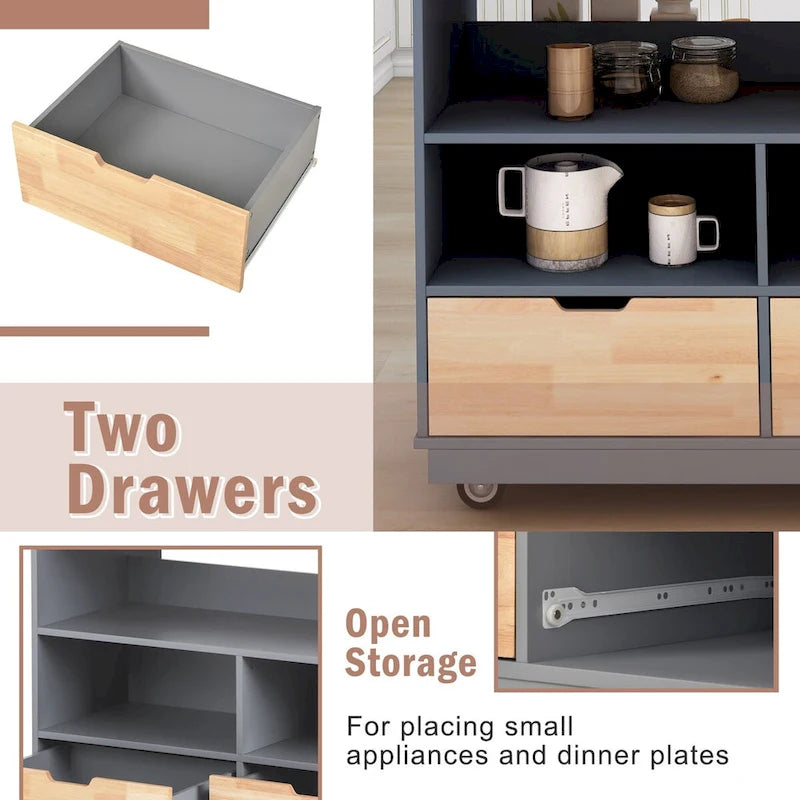 Rolling Kitchen Island with Storage, Two-Sided Cart on Wheels with Wood Top