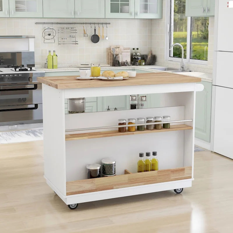 Rolling Kitchen Island with Storage, Two-Sided Cart on Wheels with Wood Top