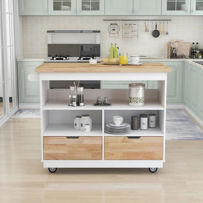 Rolling Kitchen Island with Storage, Two-Sided Cart on Wheels with Wood Top