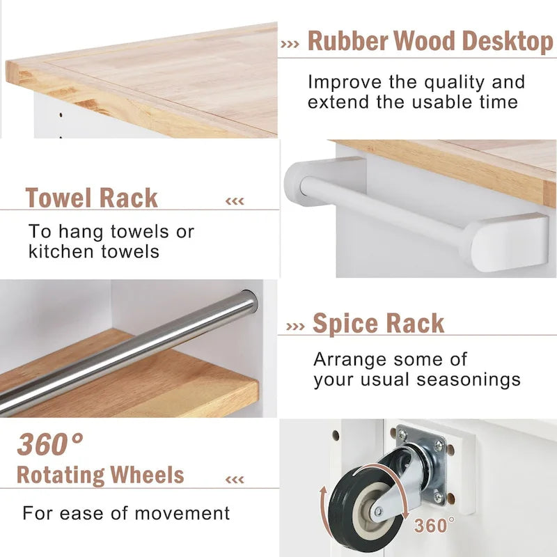 Rolling Kitchen Island with Storage, Two-Sided Cart on Wheels with Wood Top