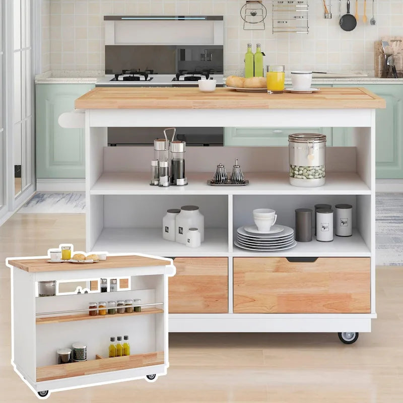 Rolling Kitchen Island with Storage, Two-Sided Cart on Wheels with Wood Top