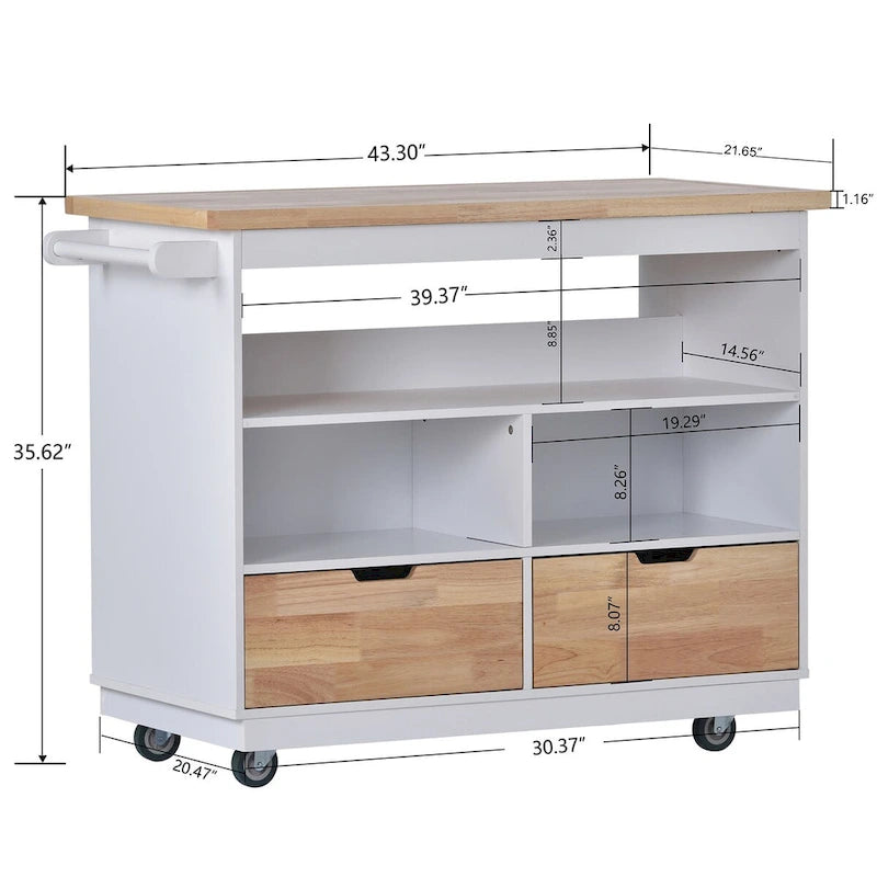 Rolling Kitchen Island with Storage, Two-Sided Cart on Wheels with Wood Top