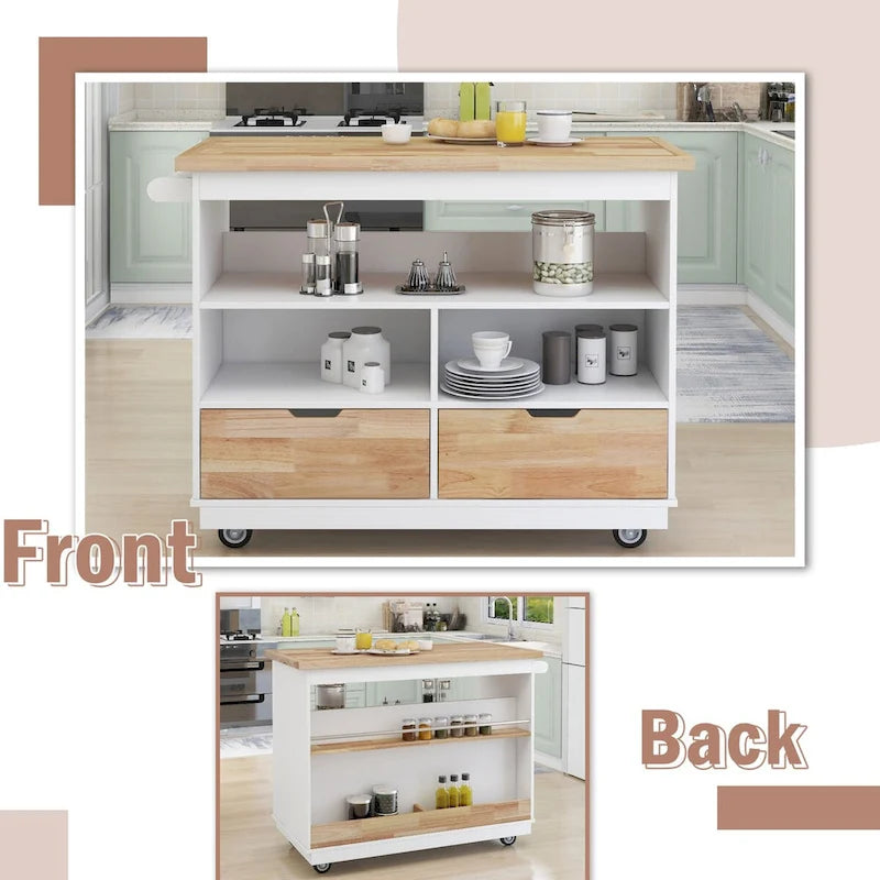 Rolling Kitchen Island with Storage, Two-Sided Cart on Wheels with Wood Top