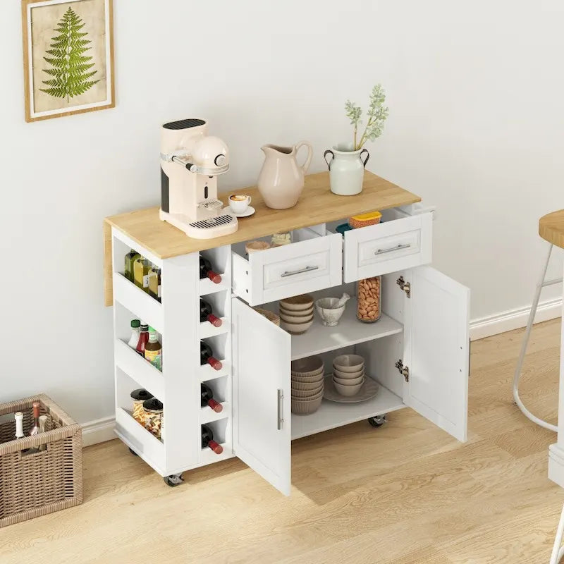 Kitchen Island Cart with 2 Doors, 2 Drawers and Foldable Table Top