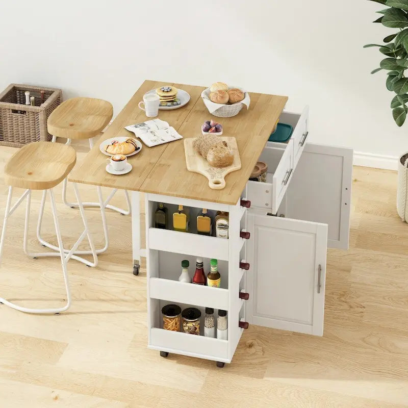 Kitchen Island Cart with 2 Doors, 2 Drawers and Foldable Table Top