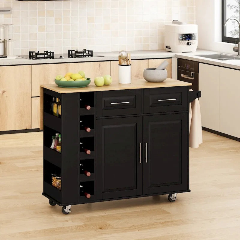 Kitchen Island Cart with 2 Doors, 2 Drawers and Foldable Table Top