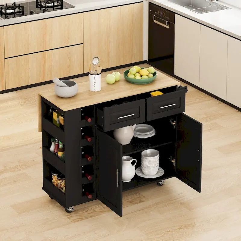 Kitchen Island Cart with 2 Doors, 2 Drawers and Foldable Table Top
