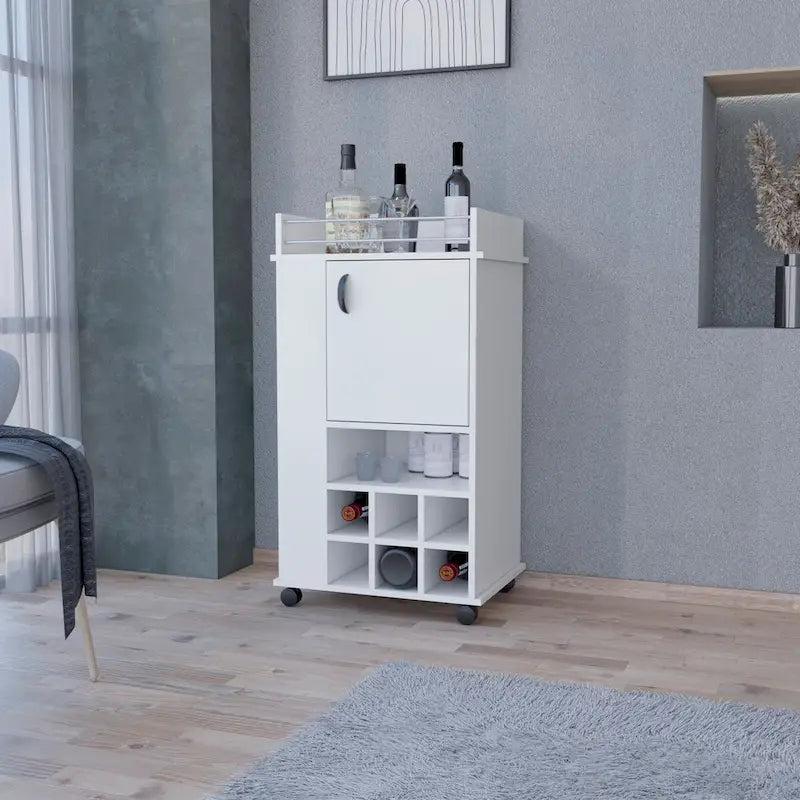 1-Door Bar Cart with Wine Rack and Casters - White