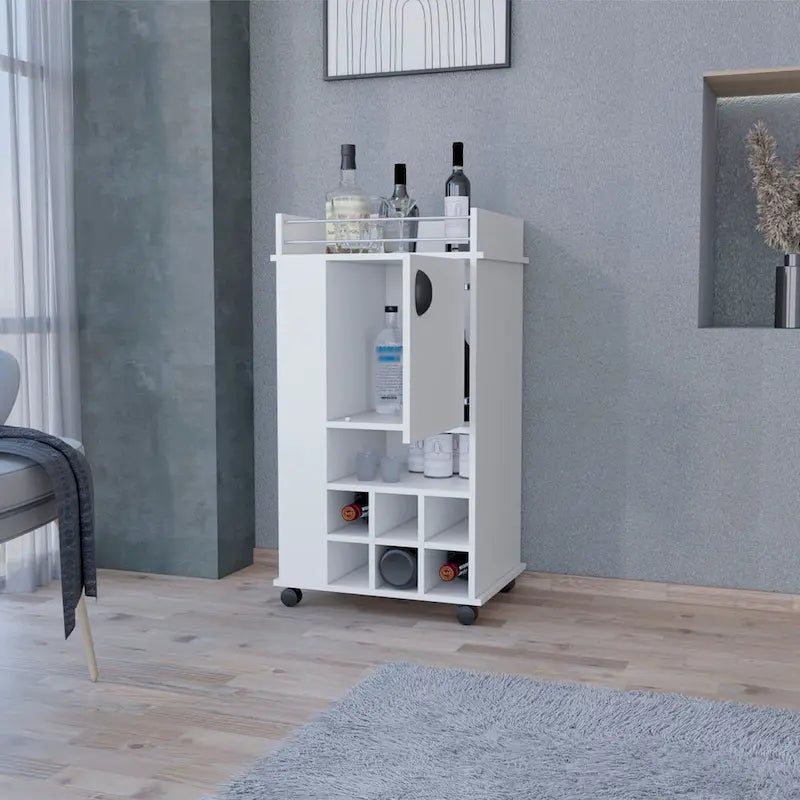 1-Door Bar Cart with Wine Rack and Casters - White