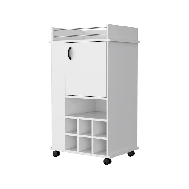 1-Door Bar Cart with Wine Rack and Casters - White