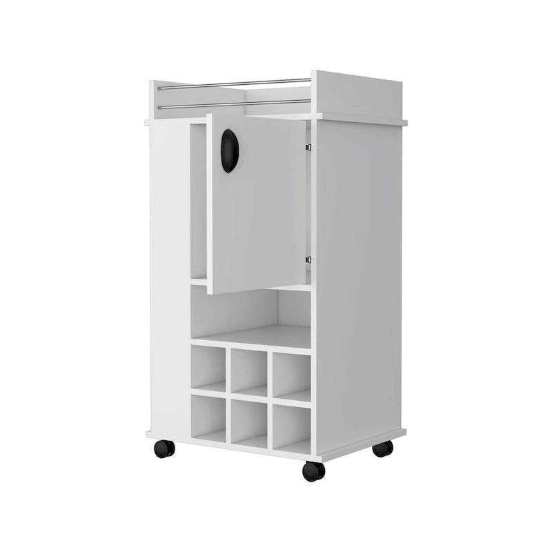 1-Door Bar Cart with Wine Rack and Casters - White