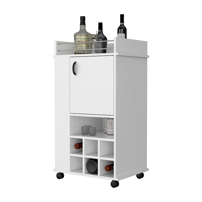 1-Door Bar Cart with Wine Rack and Casters - White