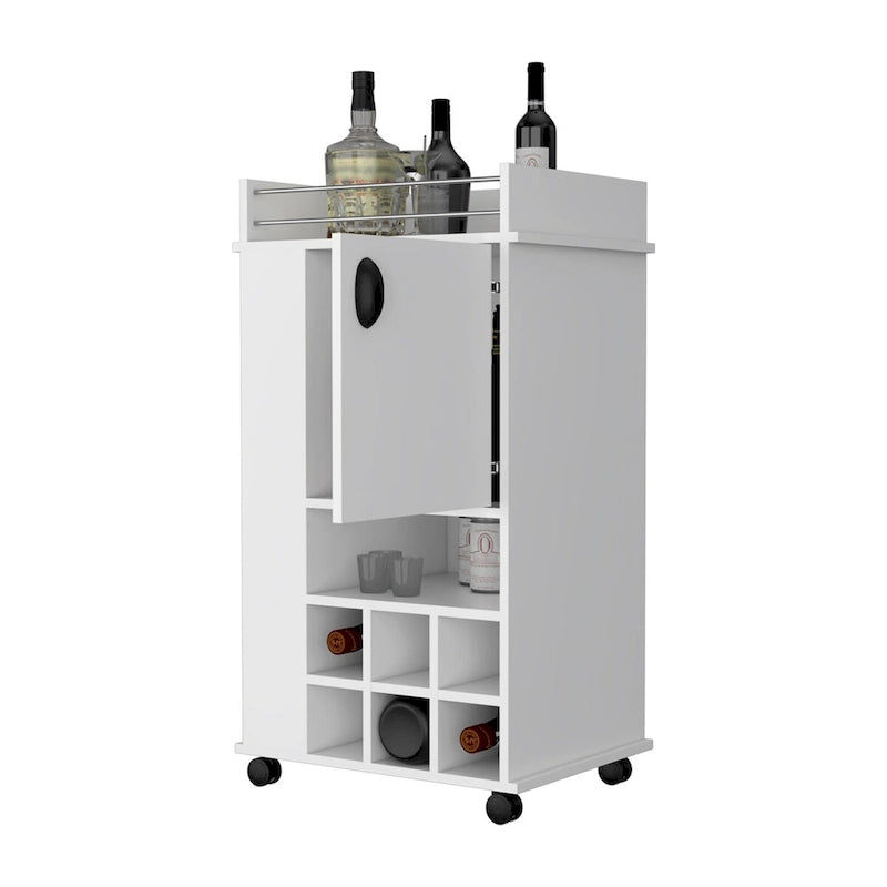 1-Door Bar Cart with Wine Rack and Casters - White