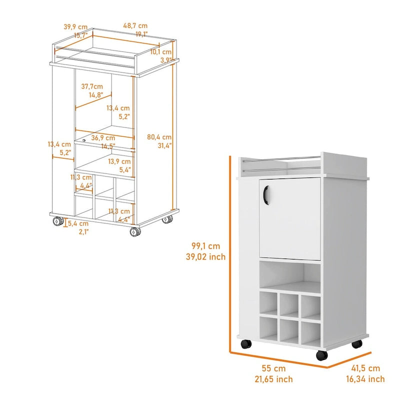 1-Door Bar Cart with Wine Rack and Casters - White