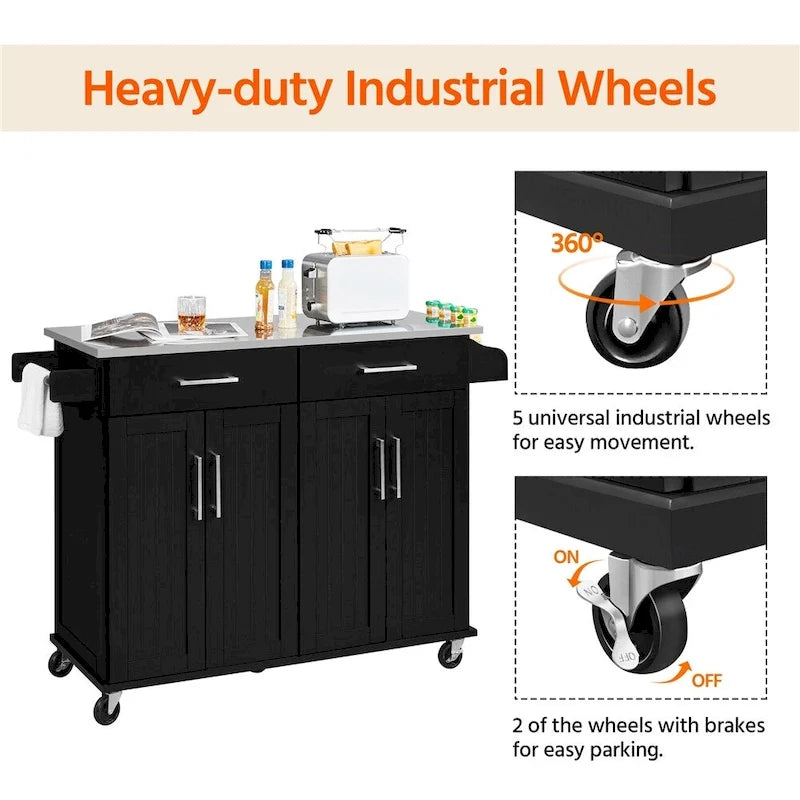 Large Kitchen Island Cart with Stainless Steel Tabletop