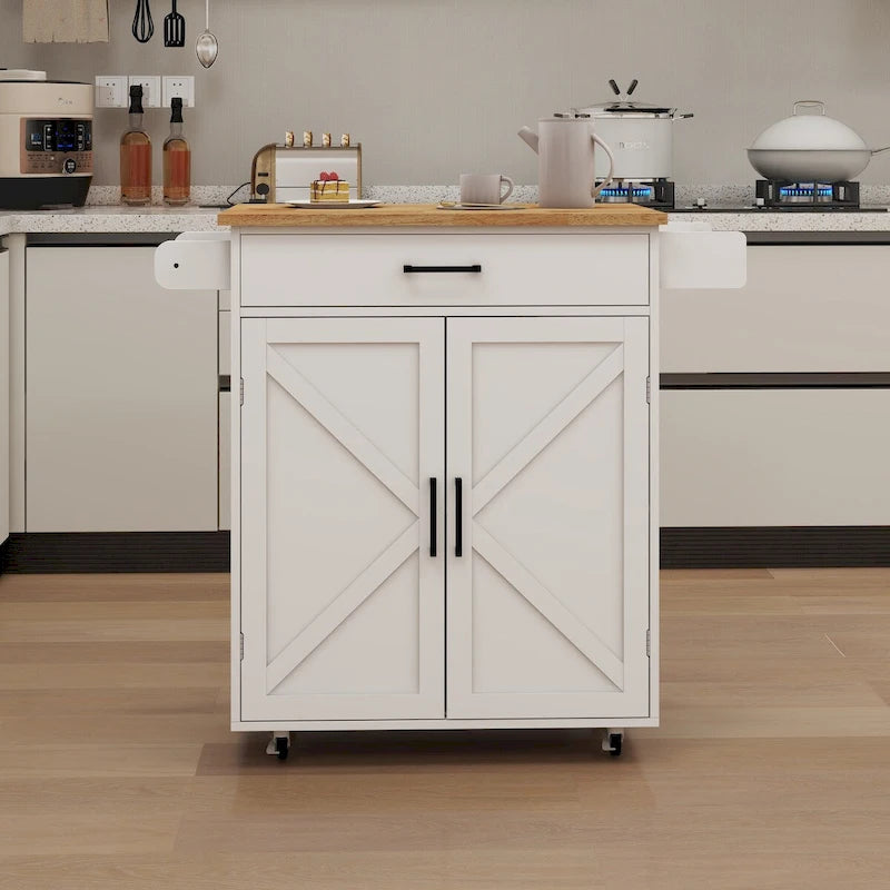 Kitchen Cart with Rubber Wood Top, Adjustable Shelves & Towel Rack