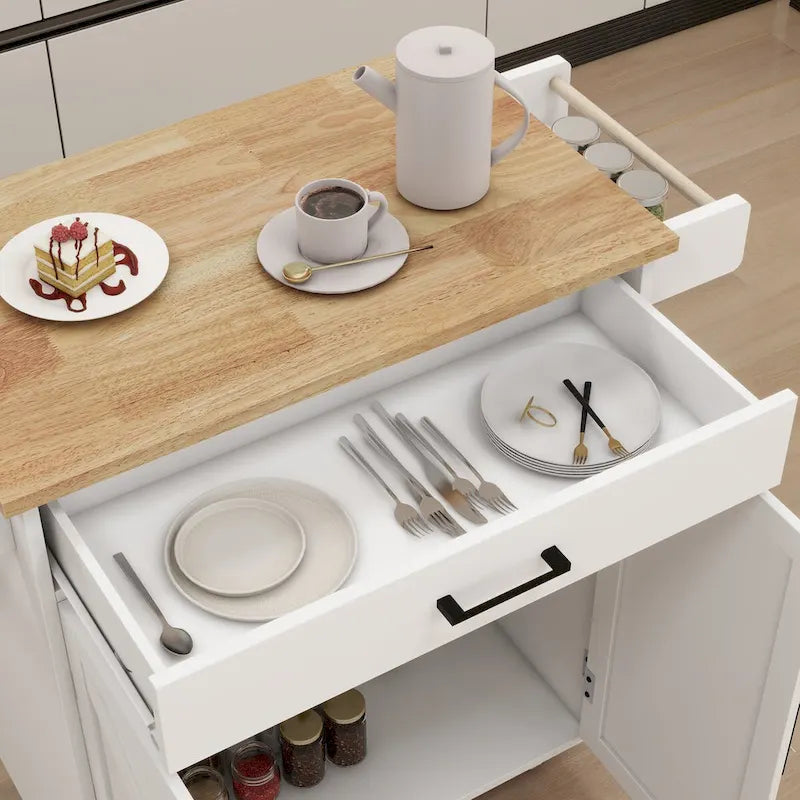 Kitchen Cart with Rubber Wood Top, Adjustable Shelves & Towel Rack