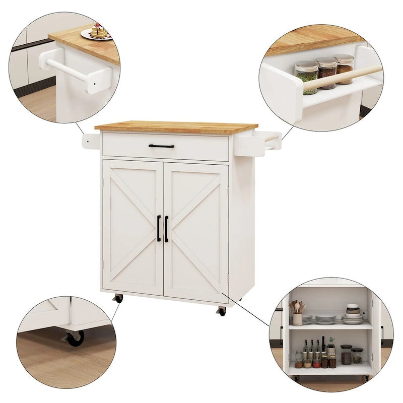 Kitchen Cart with Rubber Wood Top, Adjustable Shelves & Towel Rack