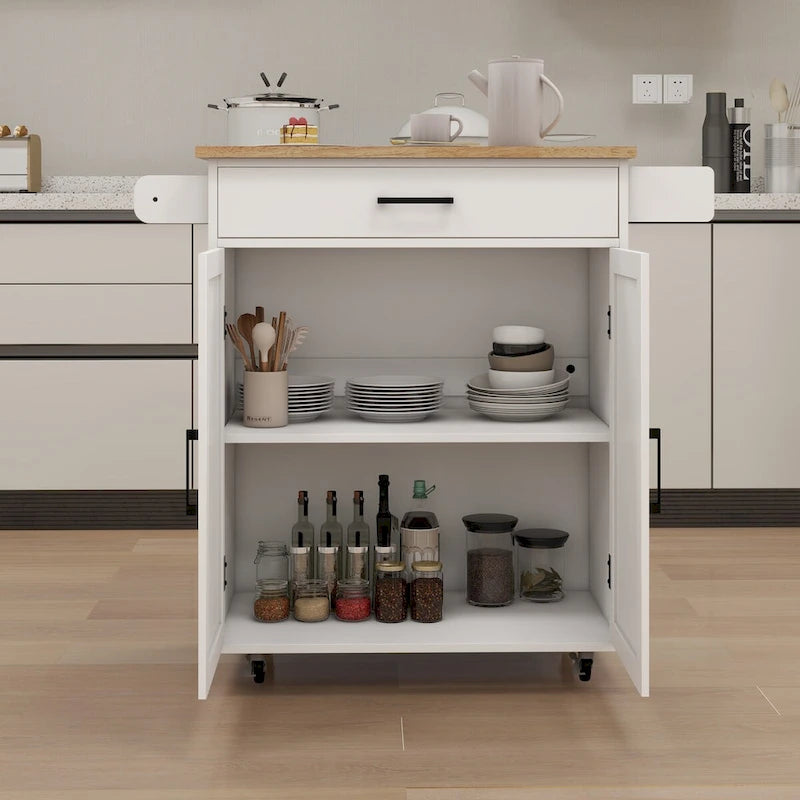 Kitchen Cart with Rubber Wood Top, Adjustable Shelves & Towel Rack