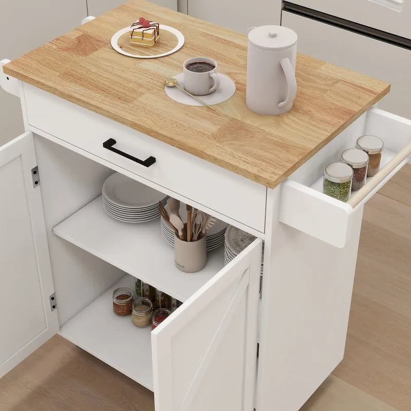 Kitchen Cart with Rubber Wood Top, Adjustable Shelves & Towel Rack