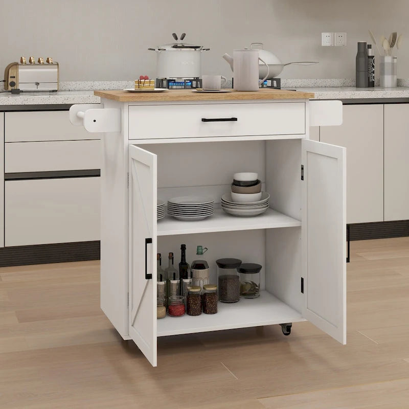 Kitchen Cart with Rubber Wood Top, Adjustable Shelves & Towel Rack