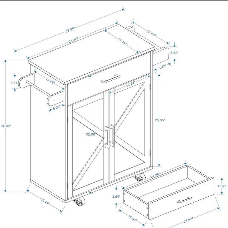 Kitchen Cart with Rubber Wood Top, Adjustable Shelves & Towel Rack