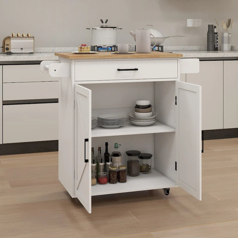 Rolling Kitchen Island Cart with Adjustable Shelves, Towel Rack & Seasoning Rack