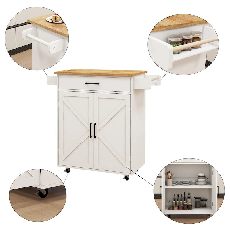Rolling Kitchen Island Cart with Adjustable Shelves, Towel Rack & Seasoning Rack