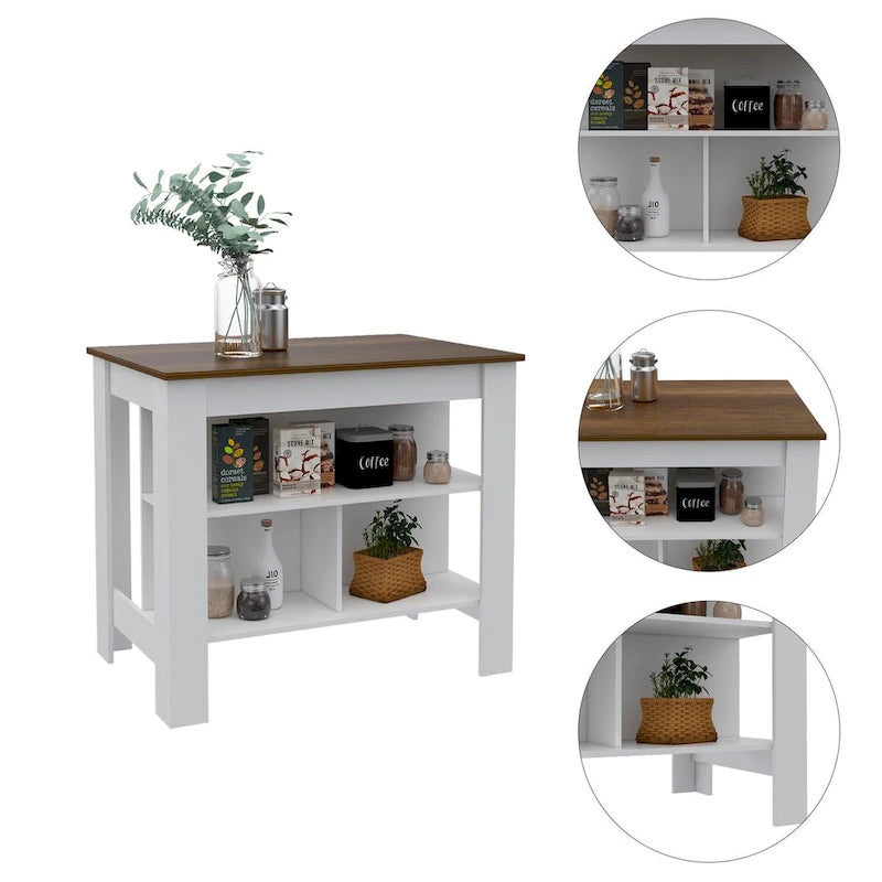 3-Shelf Kitchen Island White and Walnut