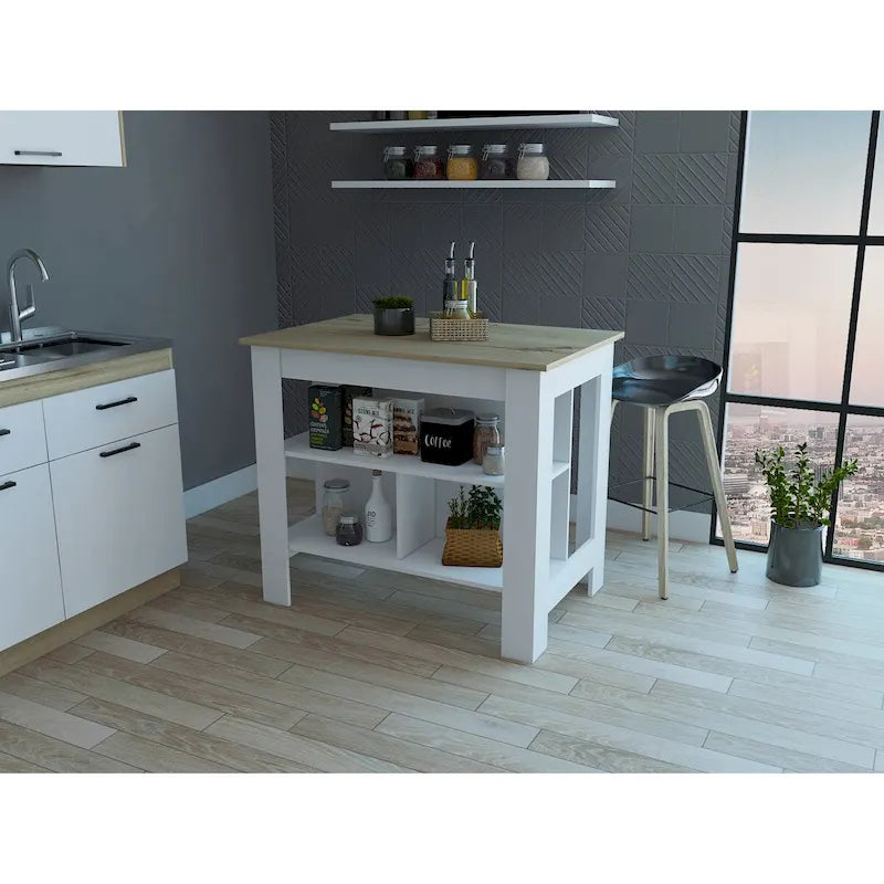 3-Shelf Antibacterial Kitchen Island - White and Light Oak