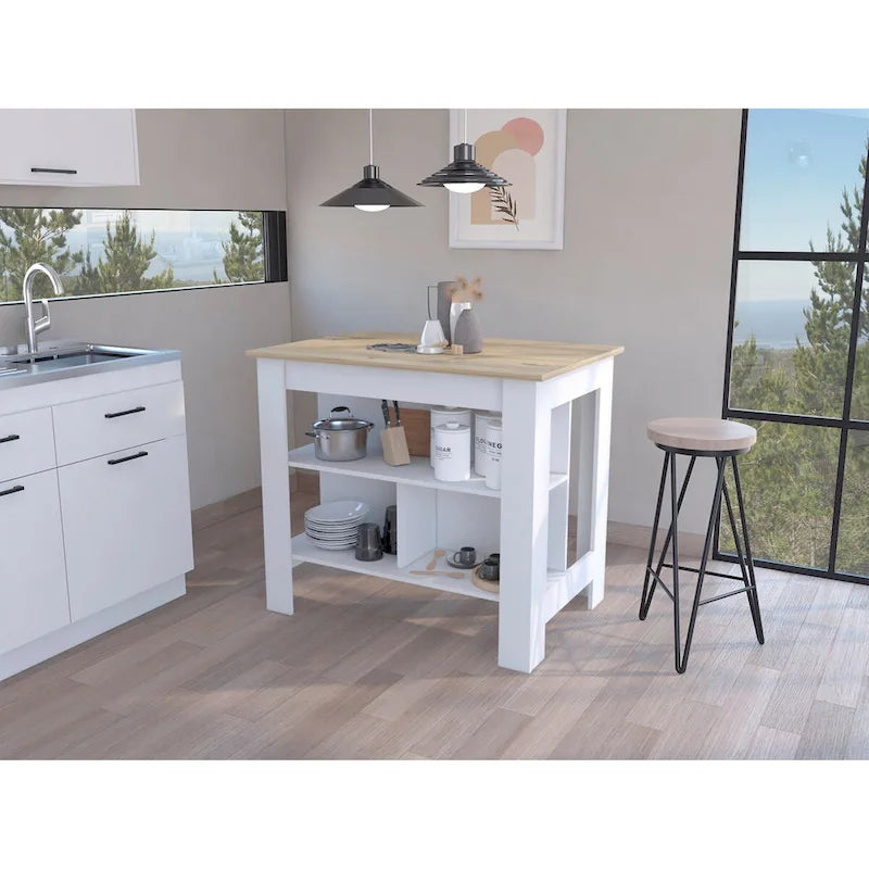3-Shelf Antibacterial Kitchen Island - White and Light Oak