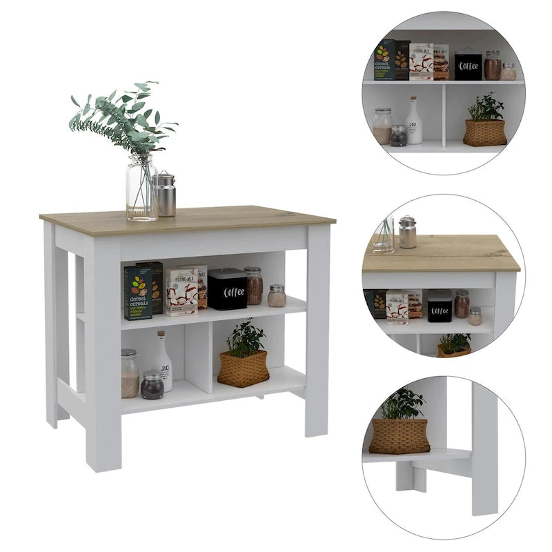 3-Shelf Antibacterial Kitchen Island - White and Light Oak