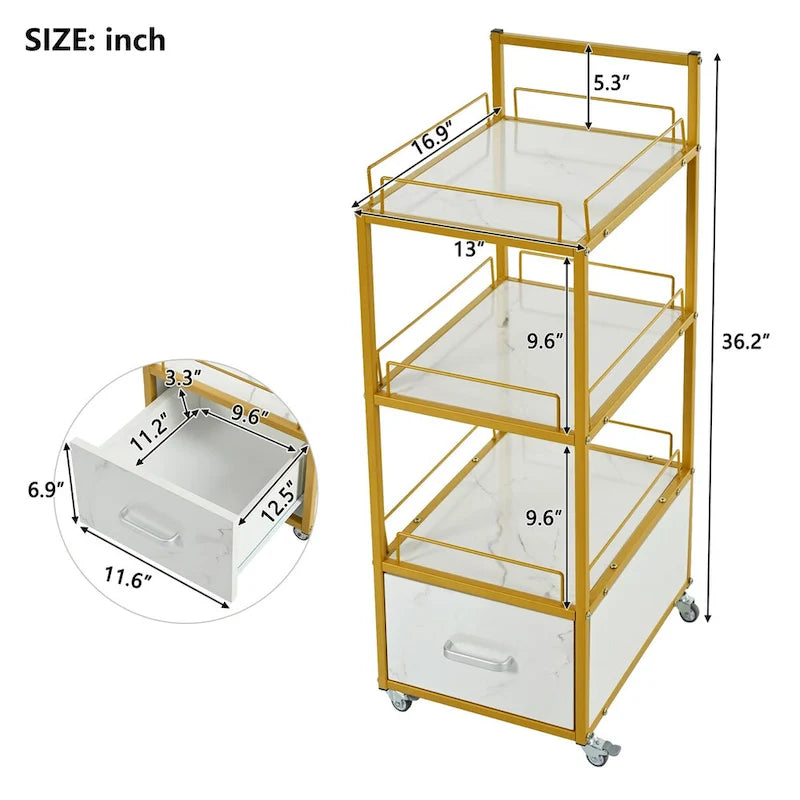 3-Tier Storage Cart with Drawer and Wheels for Kitchen, Salon & Home Office