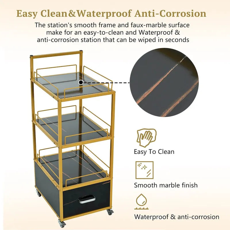 3-Tier Storage Cart with Drawer and Wheels for Kitchen, Salon & Home Office
