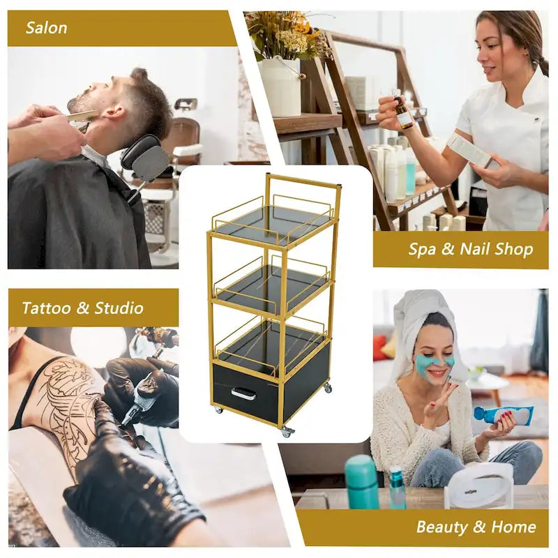 3-Tier Storage Cart with Drawer and Wheels for Kitchen, Salon & Home Office