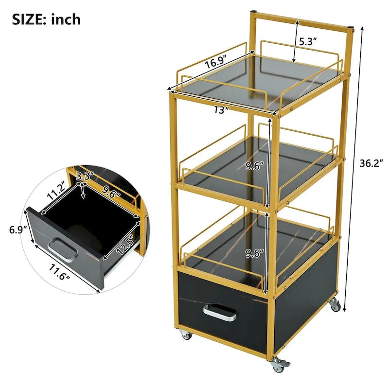 3-Tier Storage Cart with Drawer and Wheels for Kitchen, Salon & Home Office