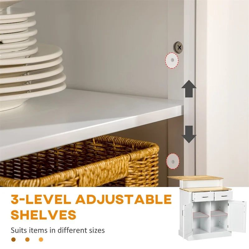 Kitchen Island with Storage Cabinet and Rubber Wood Tabletop