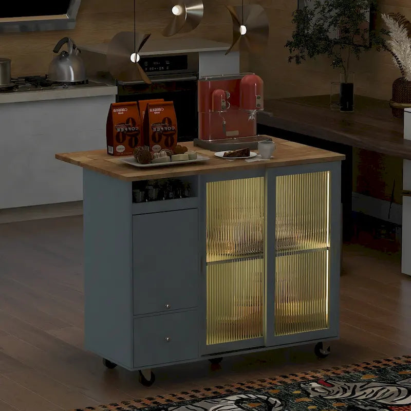 Kitchen Island Cart with Drop Leaf, LED Light, Fluted Glass Doors, Adjustable Shelf & 2 Drawers