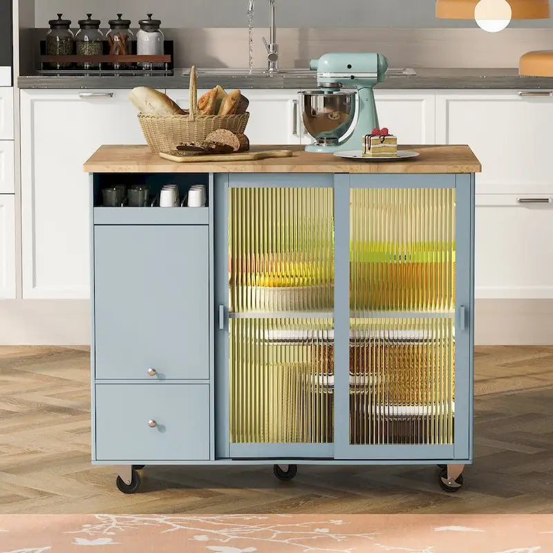 Kitchen Island Cart with Drop Leaf, LED Light, Fluted Glass Doors, Adjustable Shelf & 2 Drawers