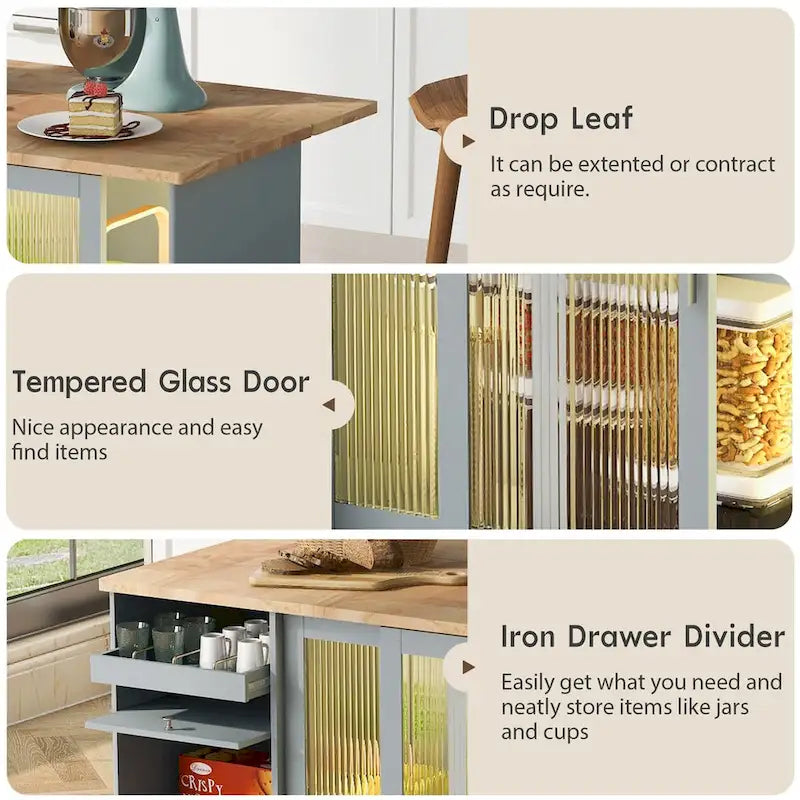 Kitchen Island Cart with Drop Leaf, LED Light, Fluted Glass Doors, Adjustable Shelf & 2 Drawers